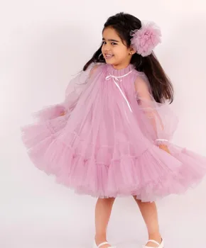 Güzel Pembe Bebek Kız Elbise Katmanlı Tül Çay Boyu Tutu Sheer Tam Kollu Yeni Kutlama Bez Doğum Günü Kıyafeti