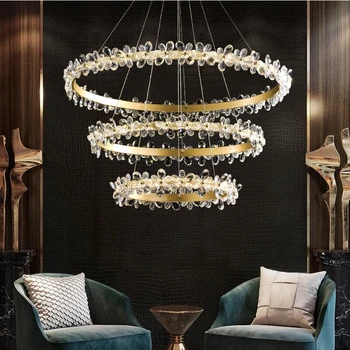 Halka kristal avize lüks oturma odası lamba modern dubleks bina villa salon lambası LED düğün dekorasyon ışıklandırma