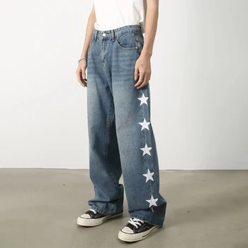 HOUZHOU Y2K Yıldız Kot Erkekler Sıkıntılı Denim Geniş Bacak Pantolon Kalça Kalça Harajuku Gevşek rahat pantolon Baskı Kore Streetwear