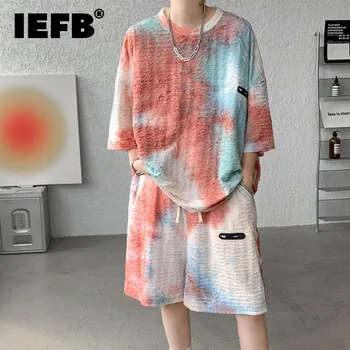 IEFB Yaz Moda erkek Baskı Setleri Moda Kravat Boyalı Rahat Spor İki Parçalı Kısa Kollu T-Shirt Gevşek Şort Takım Elbise 9C704