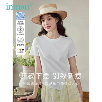 INMAN Kadın T-shirt 2023 Yaz Kısa Kollu O Boyun İnce Tees Bölünmüş Hem Katı Moda Çok Yönlü Temel Siyah Beyaz Kahve Üstleri