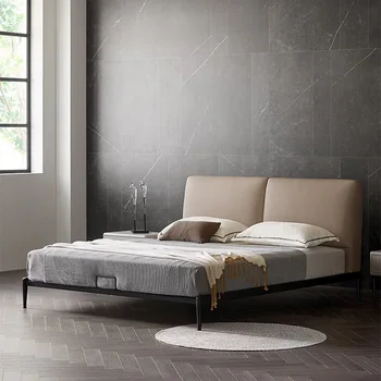 İtalyan Minimalist Deri Yatak Çift Kişilik Yatak Ana Yatak Odası / İkinci Yatak Odası Modern Minimalist Yumuşak Çanta Deri Yatak