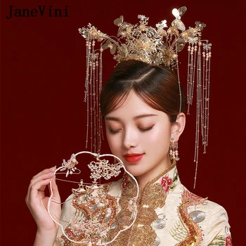 JaneVini Lüks Çin Gelin Şapkalar Taç Küpe Kostüm Altın Tokalar Püskül İnciler düğün takısı saç aksesuarları