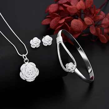 JewelryTop Güzel 925 Ayar Gümüş Charm Çiçek Kolye Küpe Bileklik Takı Kadınlar için Retro Seti Düğün Hediyesi MODA