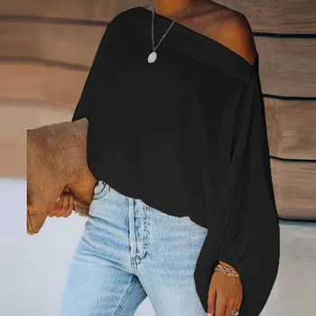 Kadın Baskılı Baggy Üst Gömlek Düzensiz Eğimli Omuz üstleri Gevşek Rahat Uzun Kollu tees Moda t-shirt Giyim Yaz