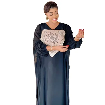 Kadınlar için 2023 Afrika Elbiseler Yaz Zarif Afrika Uzun Kollu V Yaka Siyah Polyester Uzun Maxi Elbise Müslüman Moda Abaya