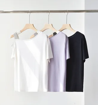 Kadınlar için açık omuzlu Zincir Kısa Kollu örme tişört Tüm Maç Rahat 2023 Yaz Yeni Bayanlar İnce Tee Tops