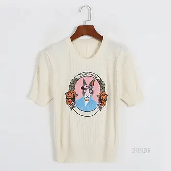 Karikatür Tavşan Üstleri Nakış Yuvarlak Boyun kısa kollu tişört 2023 Yaz Yeni Avrupa ve Amerikan Elmas Slim Fit Kazak