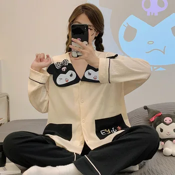Kawaii Sanrio Cinnamoroll Kuromi Sevimli Karikatür kadın Pijama Setleri Bahar Sonbahar Saf pamuklu uzun Kollu Pijama Gecelik