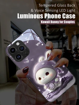 Kawaii Tavşan led ışık parlayan Aydınlık temperli Cam Arka Telefon Kılıfı için iPhone 15 11 12 13 14 X Xs Xr Mini Pro Max Artı Kapak