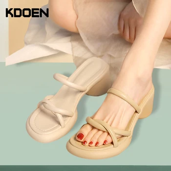 KDOEN Yaz Kadın Sandalet Dekorasyon Tıknaz Topuk Peep Toe Geri Kayış Elastik Bant Zarif moda ayakkabılar Bayanlar Kaymasını Önlemek