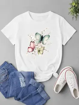 Kelebek Suluboya Sevimli Moda kısa kollu t Shirt Elbise grafikli tişört Kadın Kadın Baskı Üst Bayan Giyim Tee