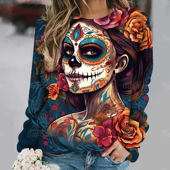 Komik Yüz kadın Kazak 3D Kafatası Baskı Uzun Kollu Tişört Streetwear Retro Kazak Casual O Boyun Sonbahar Giyim T Shirt