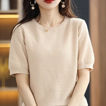 Kore Yaz Yeni %100 % Pamuk Örme Tişört kadın Yuvarlak Boyun Gevşek Kazak Kısa Kollu Rahat Alt Çok Yönlü Üst