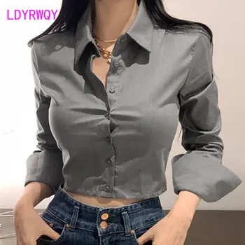 Kore Yeni Slim Fit Seksi kadın Kısa Açık Bel Uzun Kollu Gömlek Üst Kadın