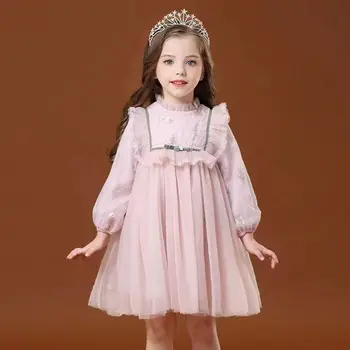 Kız Prenses Elbise Yaz Çocuk Çiçek Nakış Örgü Kabarık Elbise Çocuklar Pullu Dantel Vestido Festa Doğum Günü Partisi Düğün 2-12Y