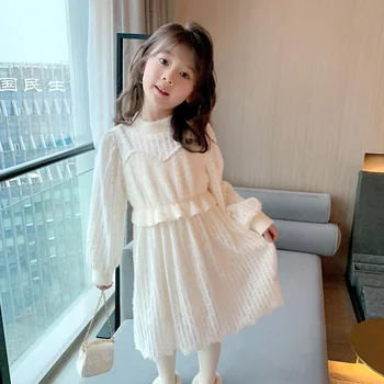 Kızlar Peluş Elbise Kore Moda Sonbahar Ve Kış Yeni Zarif çocuk Sahte İki parçalı Örme Bej Prenses Elbise 3-10 Yıl