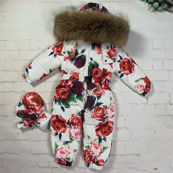 Kış Kaz Tüyü Kış Tulum Çocuklar için Gerçek Kürk Yaka Bebek Kız Jumpuits Beyaz Çiçek Bebek Kız Giyim 0-4 yaşında