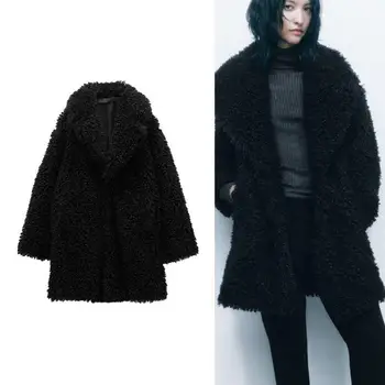 Kış Yeni Yaka Gevşek Siyah Faux Kürk Etkisi Lambswool Ceket Kadın Kış Kadın Ceket Sıcak