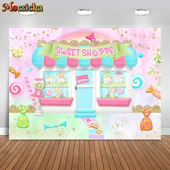 Mocsıcka Tatlı Shoppe Çocuk Doğum Günü Backdrop Karikatür Candyland Lolipop Bebek Doğum Günü Pastası Smash Parti Arka Plan Fotoğraf Stüdyosu