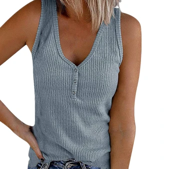 Moda 2023 Yaz Yeni Düğme Tank Top Katı V Yaka Kolsuz kadın T-shirt Y2k En Temelleri Rahat Kadın Kazak Yelek Tee