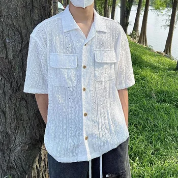 Moda Hollow Out Gömlek Erkekler Yaz Kısa Kollu Cepler Gömlek Kore Katı Düğme Yaka Unisex Bluz Doku LGBT Giyim