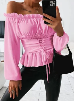 Moda Kadın Bluz 2023 Yaz Yeni Rahat İpli Tasarım Kapalı Omuz Lace Up Ön Casual Bluz Seksi Tatlı Baharatlı Kız