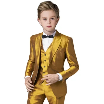 Moda Çocuk Giysileri Erkek Altın Saten 3 Parça Parti Rahat Kostüm Düğün Smokin Slim Fit Takım Elbise Erkek (Blazer + Yelek + Pantolon)