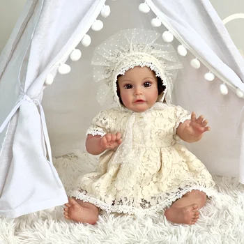 NPK 60 CM Reborn Sue-Sue Toddler Kız 3 Ay Bebek Boyutu El Detaylı Boyama 3D Cilt Tonu El köklü Kahverengi Kıvırcık Saç