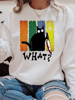 Orijinal Tasarım Sevimli Siyah Kedi Ne Bıçak Tişörtü Kadınlar için Rahat Sıcak Uzun Kollu O-Boyun Hoodies Kadın Giyim