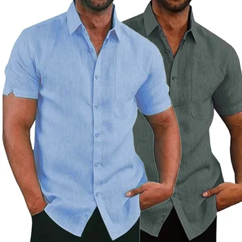 Pamuk Keten Gömlek Erkekler İçin Rahat Kısa Kollu Gömlek Bluzlar Katı Turn-Aşağı Yaka Resmi Plaj Gömlek Erkek Giyim 5XL