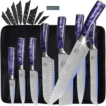Paslanmaz Çelik Japon Tarzı Şef Bıçak Seti 8 ADET / 10 ADET Lazer Şam Desen Mutfak Bıçağı Seti Rulo Çanta Mutfak Aksesuarları