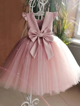 Pembe Katı Uçan Kollu Yay Prenses Balo Kız Doğum Günü Partisi Törenlerinde Boncuk Tasarım Glower Kız Elbise Düğün Vestidos