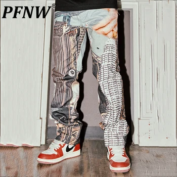 PFNW İlkbahar Yaz Yeni erkek Moda Kot Yüksek Sokak Hip Hop Düz Bacak Baskı Grafik Şalvar Niş Pamuklu Denim Pantolon 28A1977
