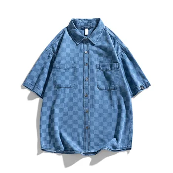 Retro Tarzı Erkek Yaz Damalı Denim Kısa Kollu Gömlek Vintage Cep Gömlek Moda Harajuku Yüksek Kaliteli Streetwear Erkekler