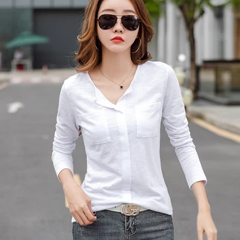 Shintimes Cepler T Shirt Kadın V Yaka Patchwork Yeni Kore uzun kollu giyim Üst 2022 Sonbahar Pamuklu Tişört Tee Gömlek Femme