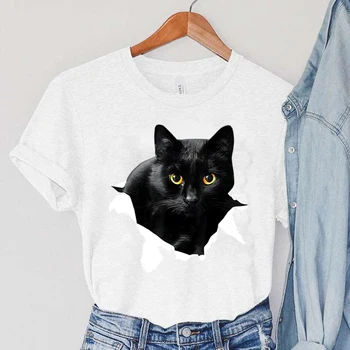 Siyah Kedi T-Shirt Kadın Orijinal Yaz T Shirt Karikatür Rahat Moda kadın Giyim Harajuku Kadın Yuvarlak Boyun T-Shirt