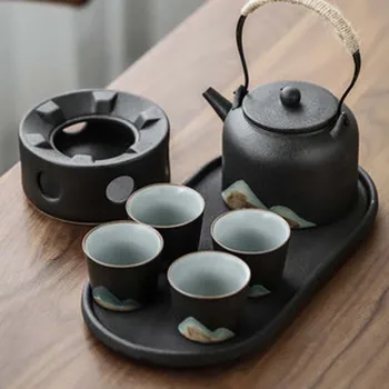 Siyah çömlek çay seti seti ev ofis Japon tarzı kolu pot çay bardağı çay isıtıcı Kung Fu çay seti kuru çay tepsisi seti