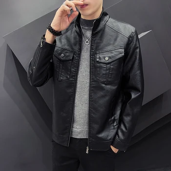Sonbahar Deri erkek Kore Versiyonu Yakışıklı Trend Stand-up Yaka PU deri ceket Moda slim fit uzun kollu erkek gömlek erkek Ceket Deri