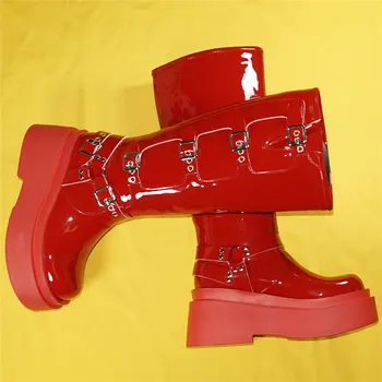 Takozlar Yüksek Topuk Ayakkabı Pompaları Kadın Kırmızı Rugan Platformu Uyluk Yüksek Çizmeler Kadın Yuvarlak Ayak Moda Ayakkabı rahat ayakkabılar
