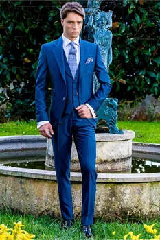 Takım elbise Erkekler Kraliyet Mavi Düğün Smokin Slim Fit Takım Elbise Erkekler İçin Groomsmen Takım Elbise Üç Adet resmi takım elbiseler (Ceket + Pantolon + Yelek + papyon