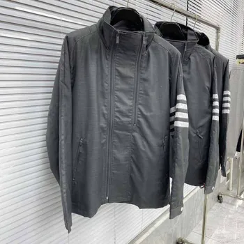 TB THOM Bahar Ceket 2023 Yeni Stil Rahat Spor Erkek Ceket Ceket Yüksek Kalite Moda Çizgili Tasarım Erkek Kapşonlu Bombacı Palto