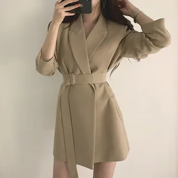 TFETTERS Marka Özel Ceket Kadın Retro Kemer Kore Moda Sonbahar Blazers 2023 Yeni Rahat Uzun Düz Renk Ofis Bayan Ceketleri