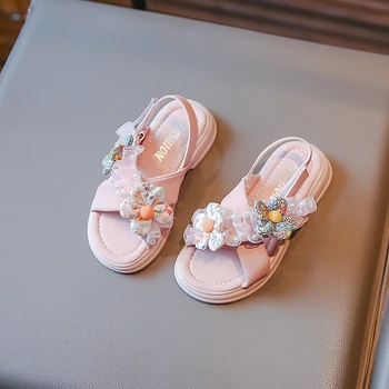 Toddler Kız Tatlı Deri Sandalet Burnu açık Dantel Çiçekler plaj ayakkabısı Çocuklar BabySummer Kare Topuklu Pembe Elbise Ayakkabı 3-16 yıl