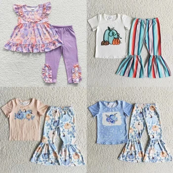 Toptan Bebek Kız Kabak Gömlek Güz Çiçek Çocuklar Set Toddler Çan Alt Pantolon Şükran Bebek Çocuk Cadılar Bayramı Kıyafet