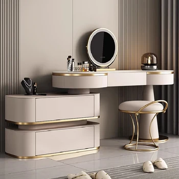 Vanity Ahşap Çekmeceli masa ışığı Ayna Depolama Lüks Çok Fonksiyonlu Modern Tuvalet Masası Çekmeceli Kız Yatak Odası Mobilyaları