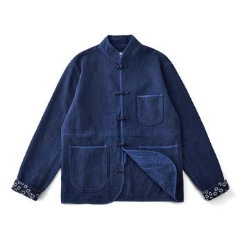 Vintage Indigo Tang Takım Elbise Erkekler Sonbahar Kış Yeni Çok cep Uzun Kollu Ceket Pamuk Çin Geleneksel Hırka Ceket