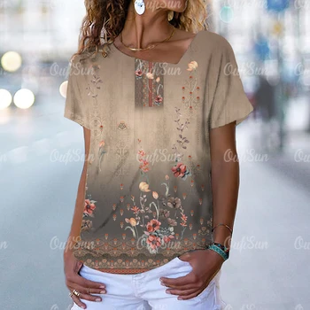 Vintage Çiçekli T Shirt Bayan Kısa Kollu Günlük günlük kıyafetler Kadın İnce Bluz Sıcak L Yaka Üstleri Estetik Baskı Tasarım Tees