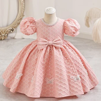W8188 Kızların Mahkemesi Tarzı Kısa Elbise çocuk Prenses Kabarcık Kollu Örgü Puf Etek Küçük Konak Performa