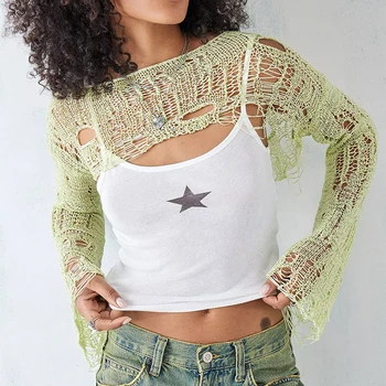 Y2K Estetik Şık Yeşil Örgü T-shirt Cover-up Uzun Kollu O-Boyun Hollow Out Tığ Kırpma Üst Kadınlar Yırtık Yaz Streetwear